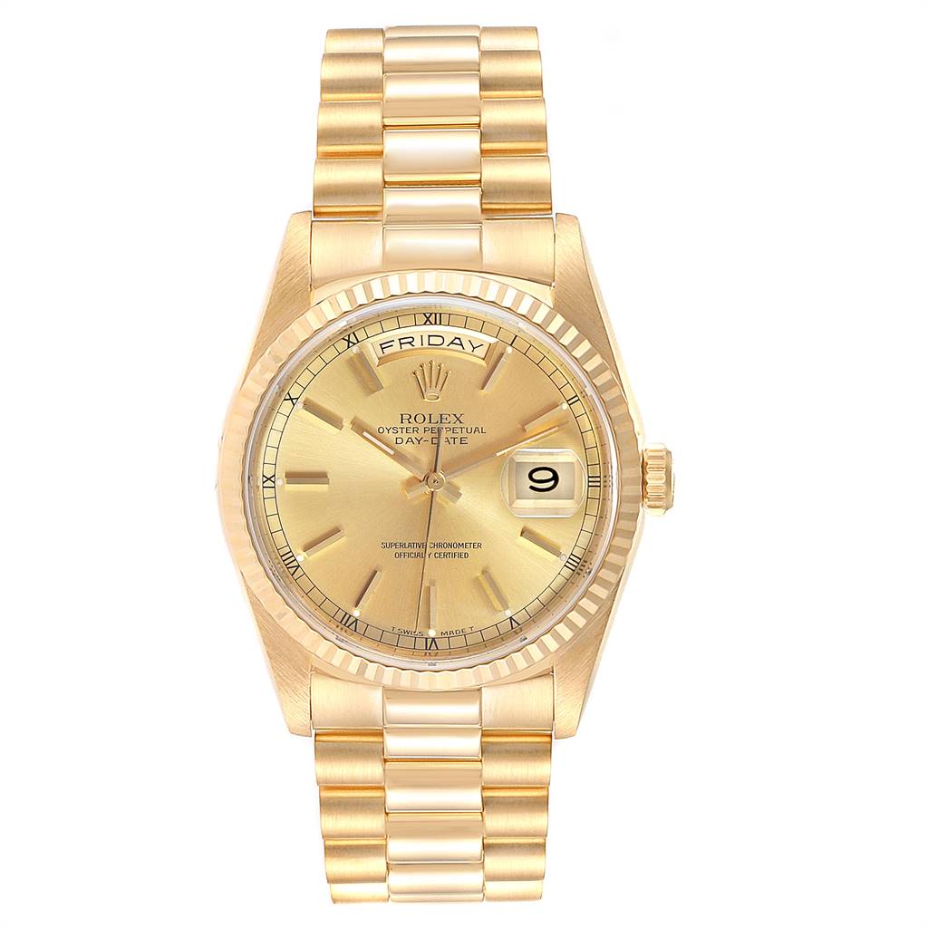 This is a front view of a Rolex President 18238 Men
s Yellow Gold Champagne Dial 18238 Men
s Yellow Gold Champagne Dial model watch, showing the dial, hands, day and date display, bezel, and bracelet.