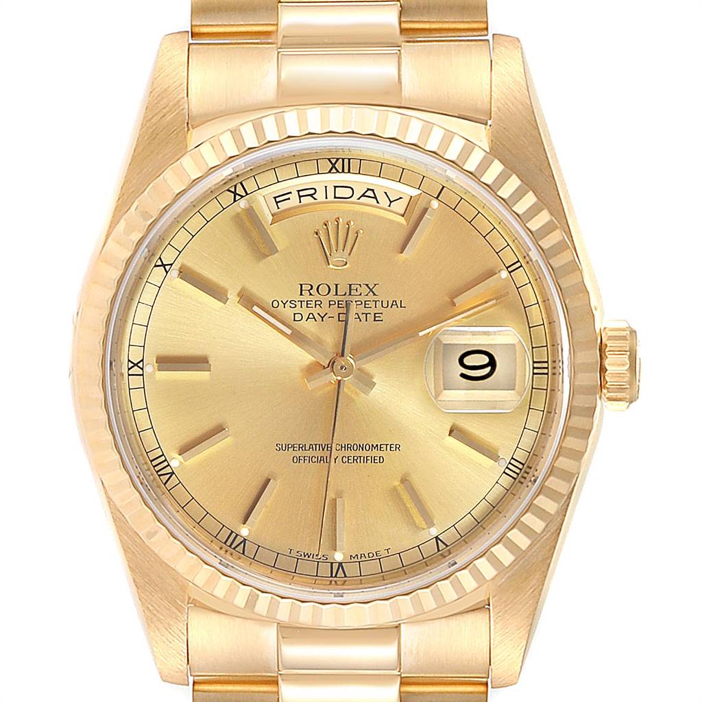 The image shows a front view of the Rolex President 18238 Men
s Yellow Gold Champagne Dial 18238 Men
s Yellow Gold Champagne Dial model watch, highlighting the dial, bezel, crown, and bracelet.