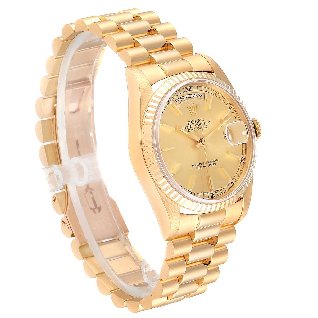 The image shows a side and front angle of a Rolex President 18238 Men
s Yellow Gold Champagne Dial 18238 Men
s Yellow Gold Champagne Dial model, displaying its gold watch band, bezel, and dial.