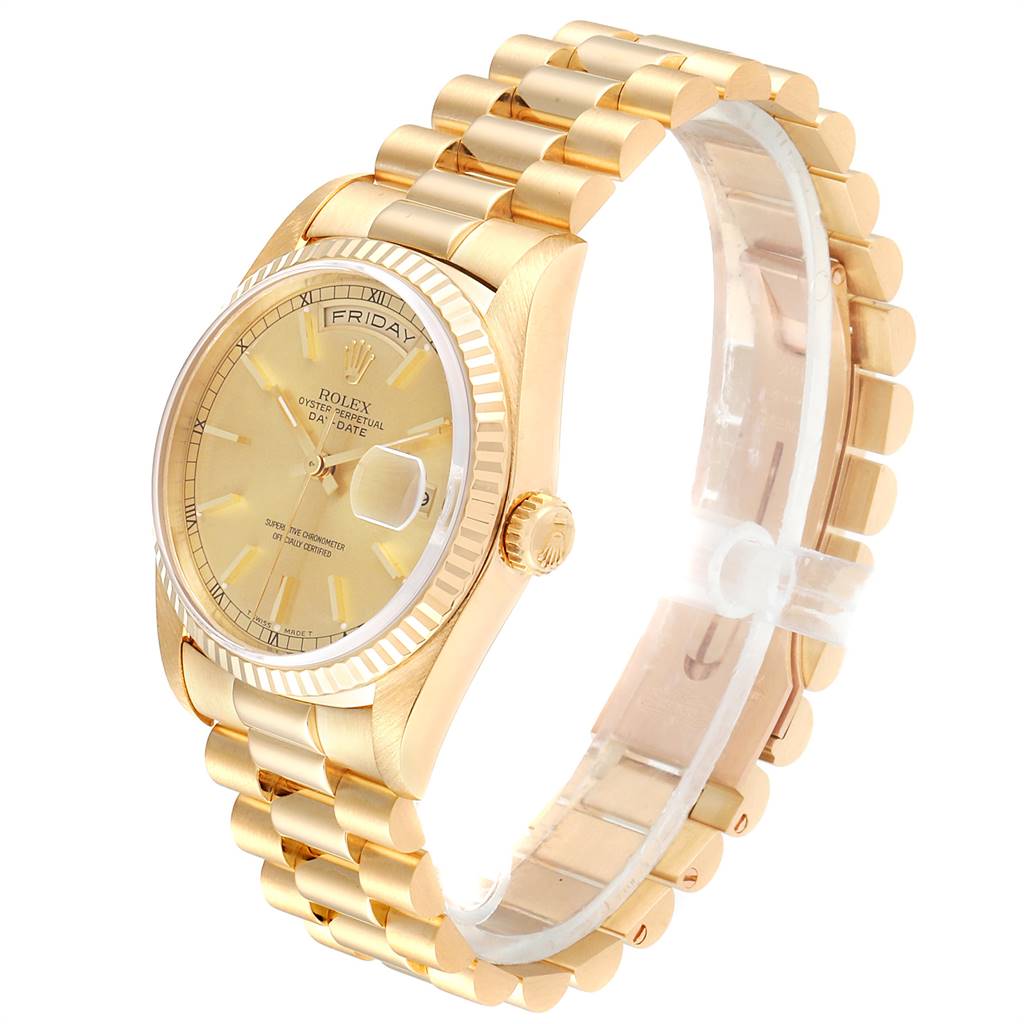 The image shows a side-angle view of a Rolex President 18238 Men
s Yellow Gold Champagne Dial 18238 Men
s Yellow Gold Champagne Dial model watch, highlighting the face, bezel, crown, and band.