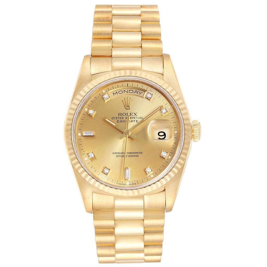 The Rolex President 18238 Men
s Yellow Gold Champagne Dial 18238 Men
s Yellow Gold Champagne Dial model watch is shown from the front, displaying the dial, crown, and bracelet.