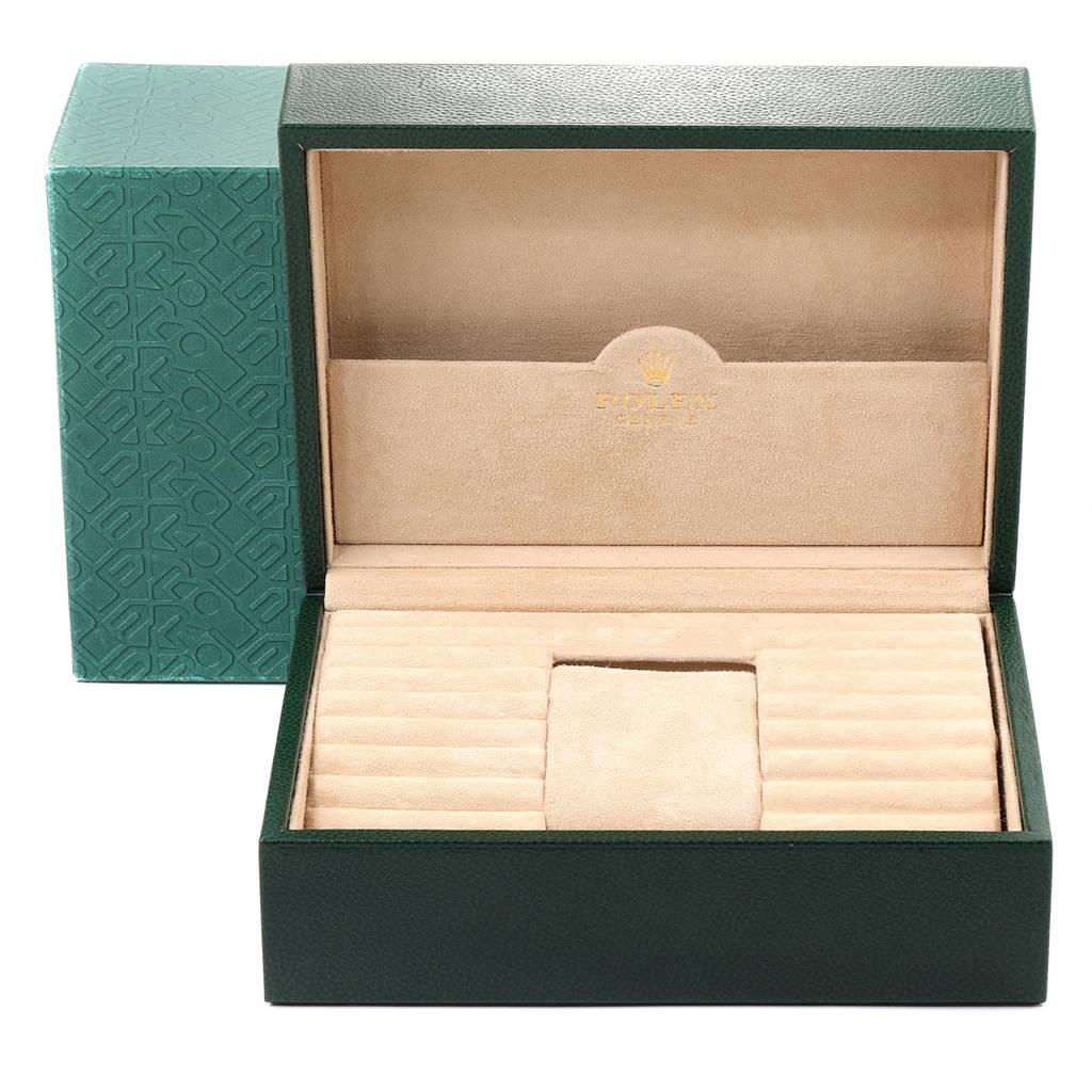 This image shows an open Rolex President 18238 Men
s Yellow Gold Champagne Dial 18238 Men
s Yellow Gold Champagne Dial watch box and case at a slightly elevated front angle.