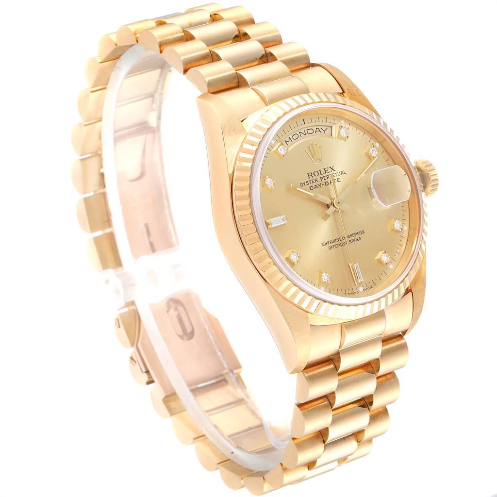 The image shows a Rolex President 18238 Men
s Yellow Gold Champagne Dial 18238 Men
s Yellow Gold Champagne Dial model watch at a three-quarter angle, highlighting the gold bracelet, dial, and fluted bezel.