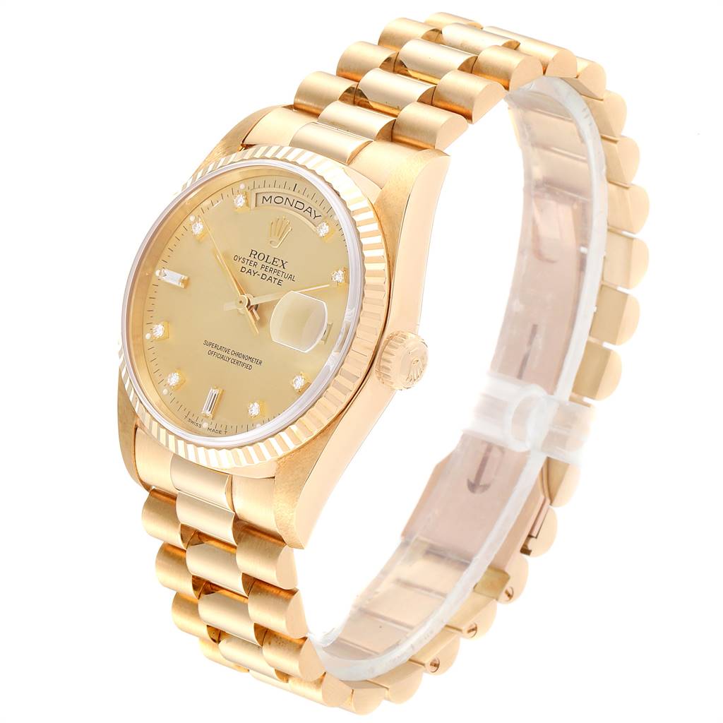 The Rolex President 18238 Men
s Yellow Gold Champagne Dial 18238 Men
s Yellow Gold Champagne Dial model watch is shown at an angled view highlighting its gold bezel, dial, and bracelet.