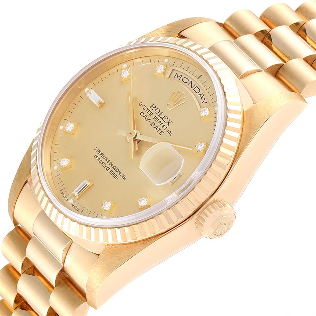 The image shows the Rolex President 18238 Men
s Yellow Gold Champagne Dial 18238 Men
s Yellow Gold Champagne Dial model watch at a three-quarter angle, highlighting the dial, crown, bezel, and bracelet.