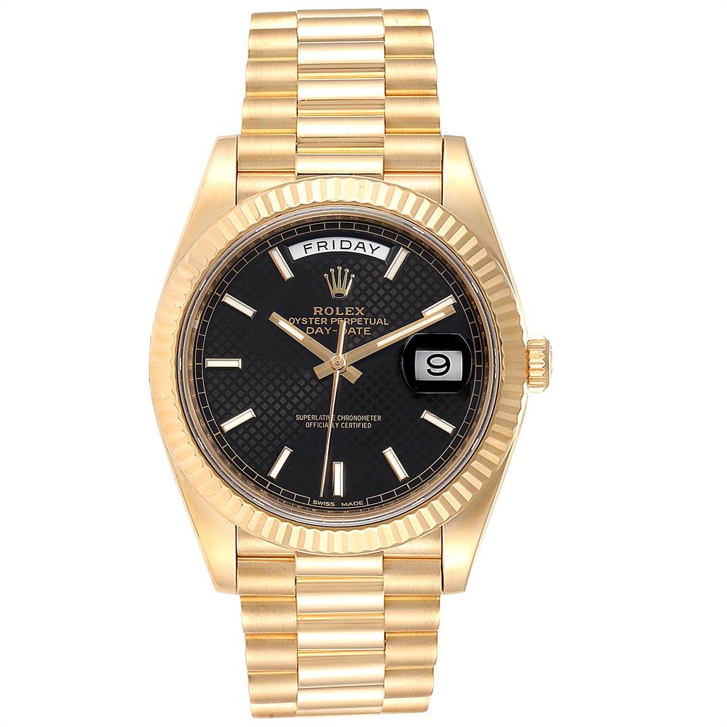 The Rolex President 228238 Men
s Yellow Gold Black Dial 228238 Men
s Yellow Gold Black Dial model is shown from a straight-on angle, displaying its gold bracelet, black dial, and day-date features.
