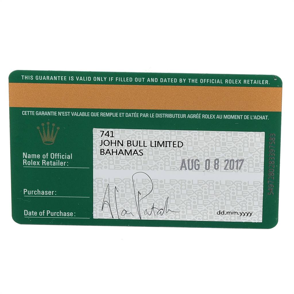 This image shows the warranty card for the Rolex President 228238 Men
s Yellow Gold Black Dial 228238 Men
s Yellow Gold Black Dial model watch.