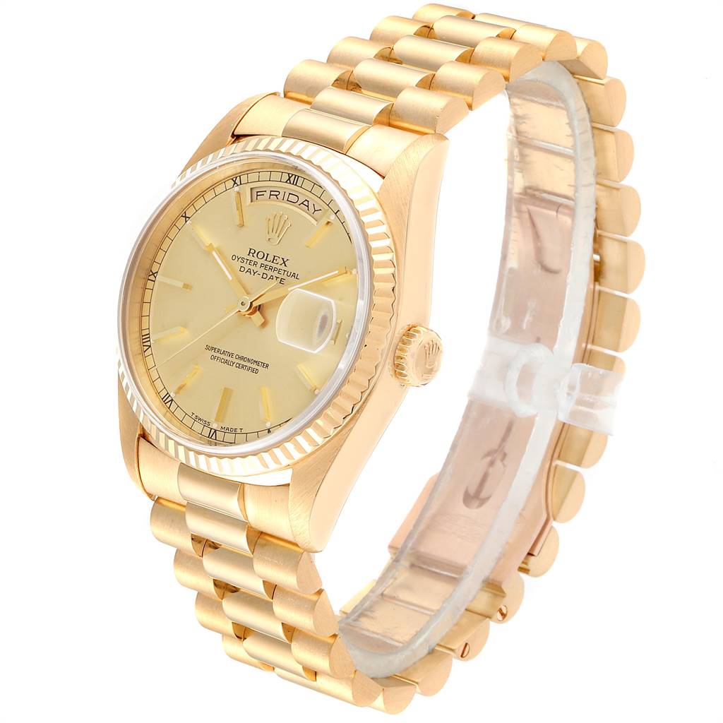 The Rolex President 18238 Men
s Yellow Gold Champagne Dial 18238 Men
s Yellow Gold Champagne Dial model watch is shown at a three-quarter angle, displaying the dial, case, bracelet, and fluted bezel.