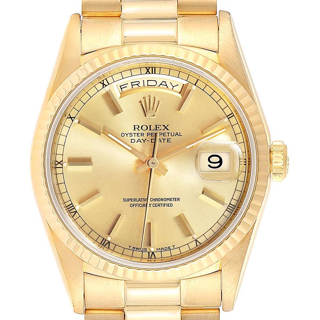 This is a close-up of the Rolex President 18238 Men
s Yellow Gold Champagne Dial 18238 Men
s Yellow Gold Champagne Dial model watch showing its face, bezel, lugs, and part of the bracelet.