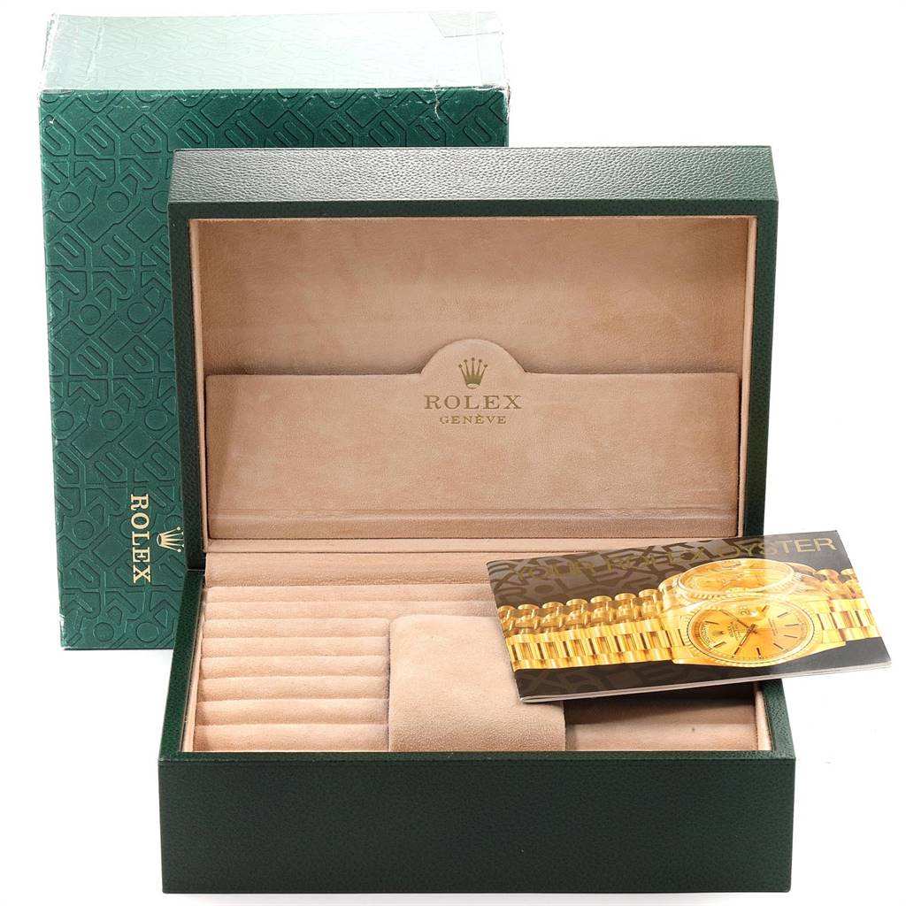 The image shows a Rolex President 18038 Men's Yellow Gold Champagne Dial 18038 Men's Yellow Gold Champagne Dial model watch box and accessories from a straight-on angle.
