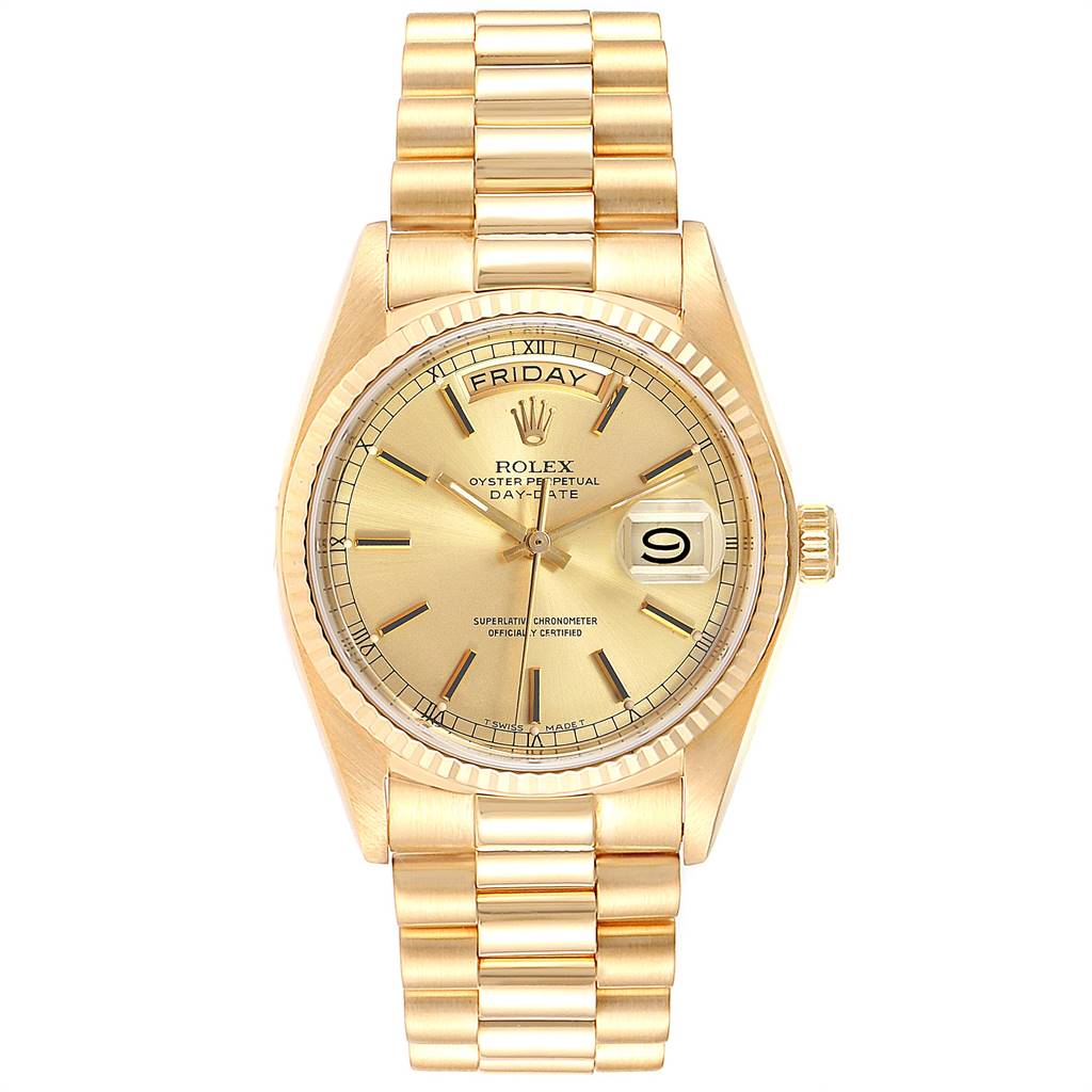 This image shows a Rolex President 18038 Men's Yellow Gold Champagne Dial 18038 Men's Yellow Gold Champagne Dial model watch from a top-down angle, displaying the full face, bracelet, and bezel.