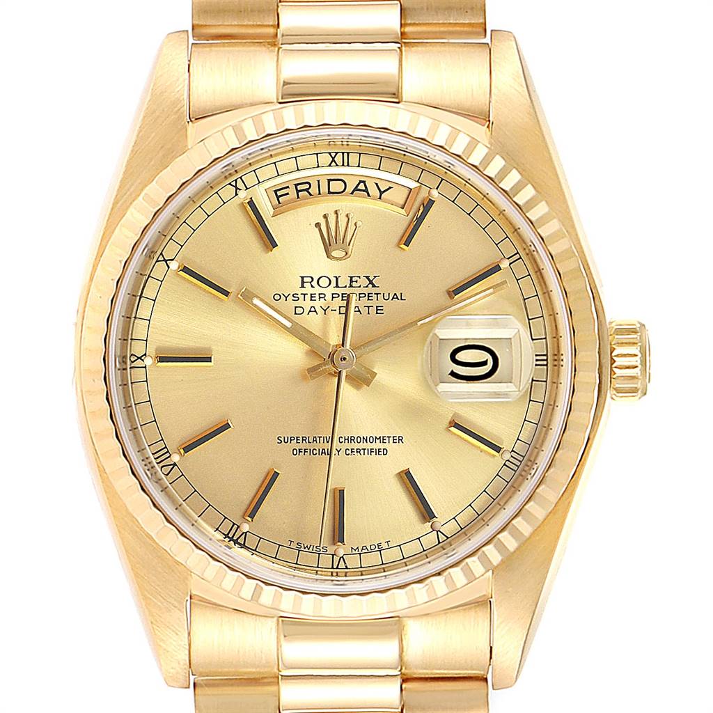 The image shows a front view of the Rolex President 18038 Men's Yellow Gold Champagne Dial 18038 Men's Yellow Gold Champagne Dial Day-Date model, highlighting the dial, day, and date indicators.