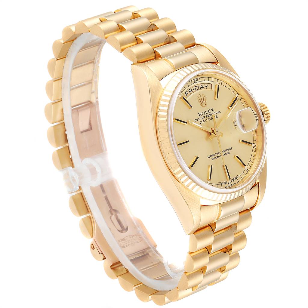 This image shows a Rolex President 18038 Men's Yellow Gold Champagne Dial 18038 Men's Yellow Gold Champagne Dial model watch at a three-quarter angle, highlighting the dial, bezel, and bracelet.