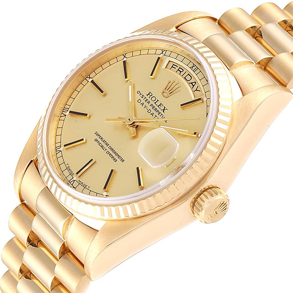 The image shows a gold Rolex President 18038 Men's Yellow Gold Champagne Dial 18038 Men's Yellow Gold Champagne Dial model watch from an angled perspective, highlighting the face, bezel, crown, and part of the bracelet.