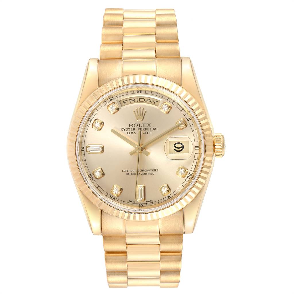 The image shows a Rolex President 118238 Men
s Yellow Gold Champagne Dial 118238 Men
s Yellow Gold Champagne Dial model watch with a gold bracelet, day-date display, and diamond hour markers, from a front view.