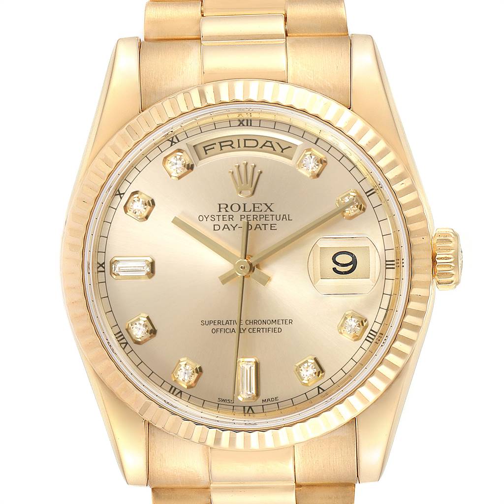 This is a close-up, front view of a Rolex President 118238 Men
s Yellow Gold Champagne Dial 118238 Men
s Yellow Gold Champagne Dial Oyster Perpetual Day-Date watch, showing the dial, crown, and bracelet.