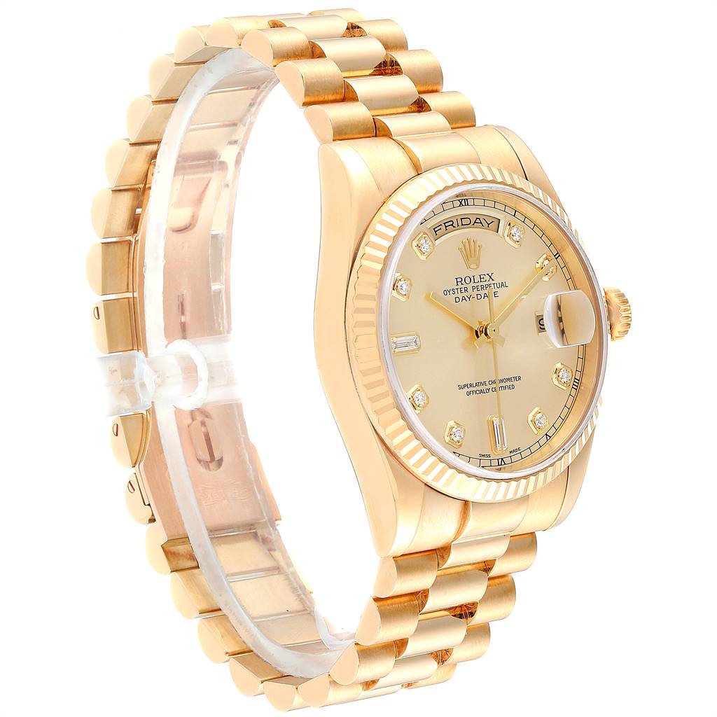 The image shows a side angle of the Rolex President 118238 Men
s Yellow Gold Champagne Dial 118238 Men
s Yellow Gold Champagne Dial model watch showcasing its band, crown, and dial with diamond hour markers.