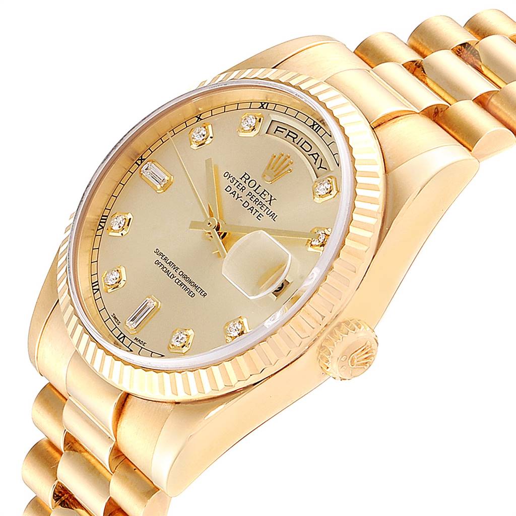 This Rolex President 118238 Men
s Yellow Gold Champagne Dial 118238 Men
s Yellow Gold Champagne Dial model watch is shown at an angled view, displaying its face, bracelet, and crown.