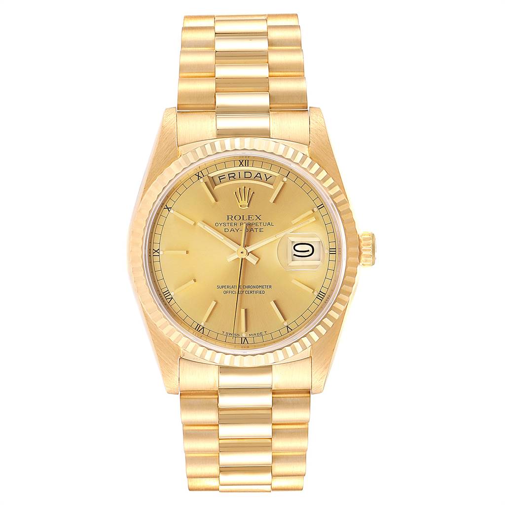 This image shows a front view of the President model Rolex watch, highlighting its gold case, bracelet, and dial with the day and date functions.