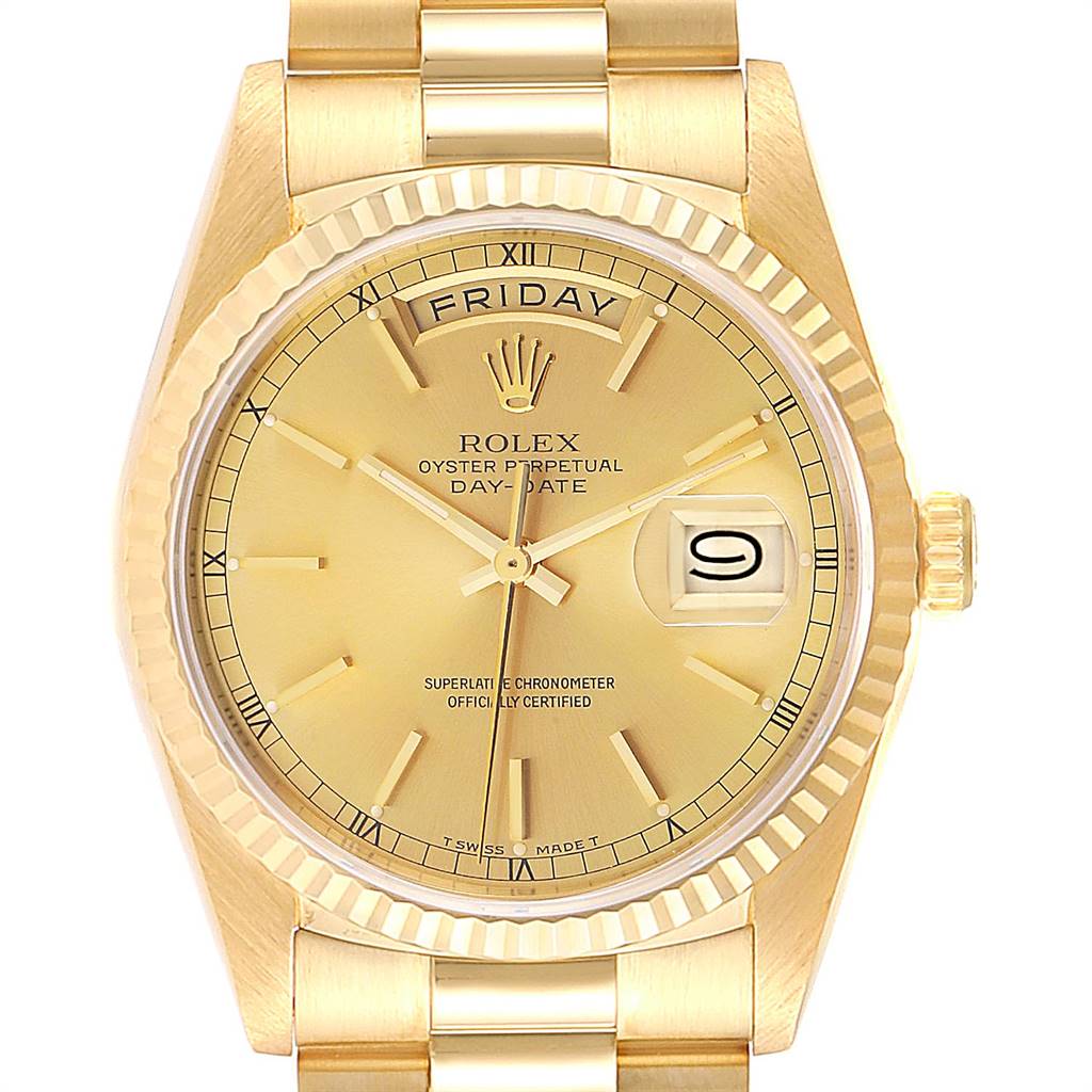 The image shows a front view of a Rolex President 18238 Men
s Yellow Gold Champagne Dial 18238 Men
s Yellow Gold Champagne Dial model watch, highlighting its gold dial and fluted bezel.