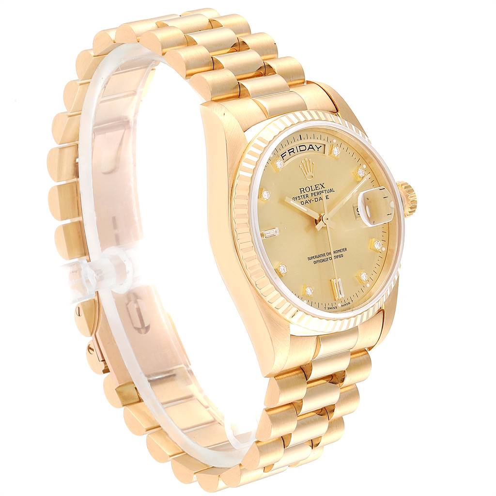 The image shows a side and partial front view of a gold Rolex President 18238 Men
s Yellow Gold Champagne Dial 18238 Men
s Yellow Gold Champagne Dial model watch, highlighting its bracelet and dial.