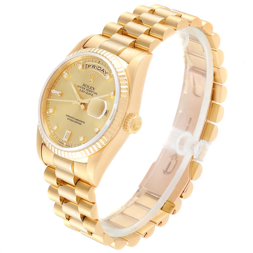 This image shows a Rolex President 18238 Men
s Yellow Gold Champagne Dial 18238 Men
s Yellow Gold Champagne Dial model watch at an angled view, highlighting its gold bracelet, bezel, and face.