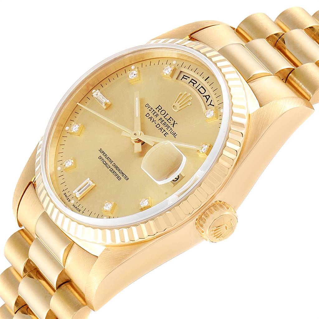The image shows a close-up angle of the Rolex President 18238 Men
s Yellow Gold Champagne Dial 18238 Men
s Yellow Gold Champagne Dial model watch, highlighting the dial, bezel, and part of the bracelet.