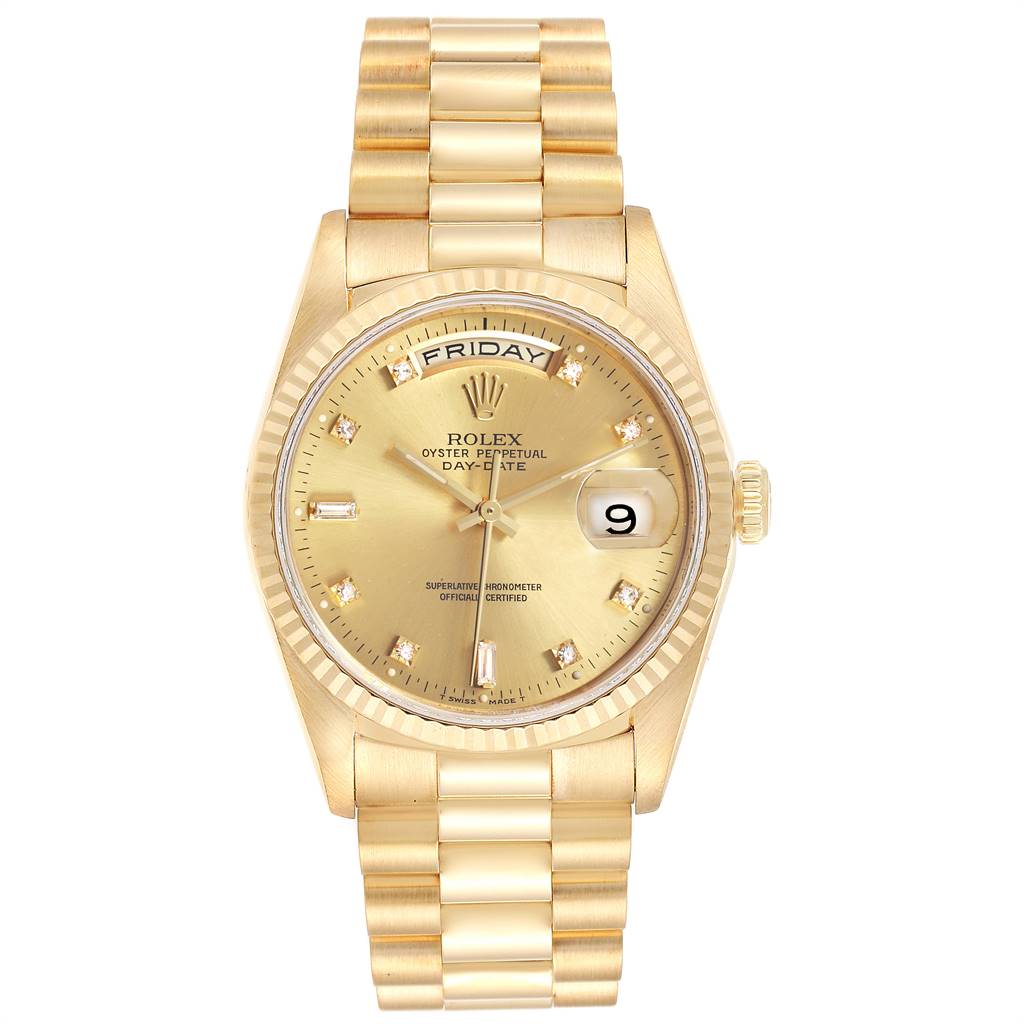 This image shows a front view of a Rolex President 18238 Men
s Yellow Gold Champagne Dial 18238 Men
s Yellow Gold Champagne Dial model watch, displaying its gold dial, bracelet, and day-date functions.