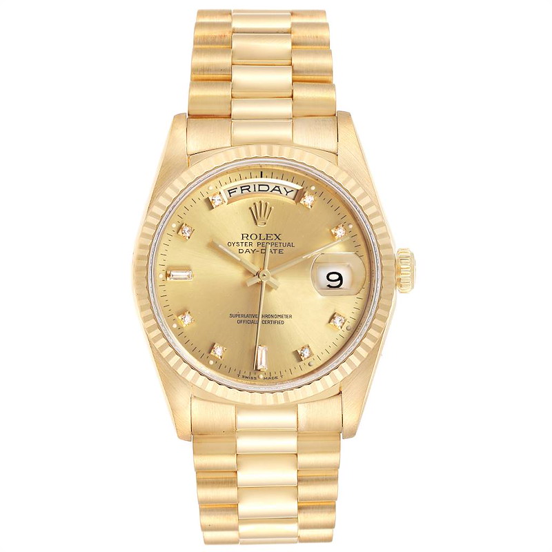 Rolex President Day-Date 36mm Yellow Gold Diamond Mens Watch 18238