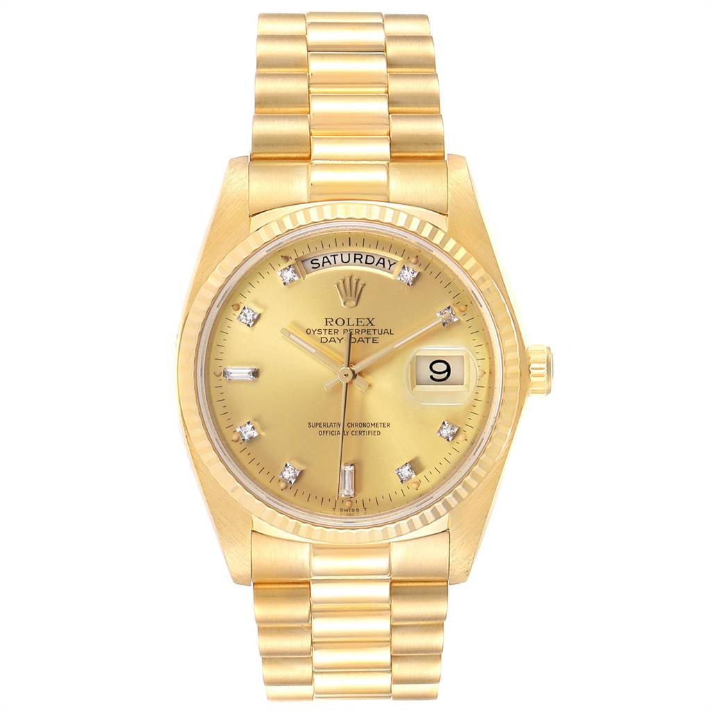 This Rolex President 18038 Men's Yellow Gold Champagne Dial 18038 Men's Yellow Gold Champagne Dial model watch is shown from the front, displaying the dial, bezel, and bracelet.