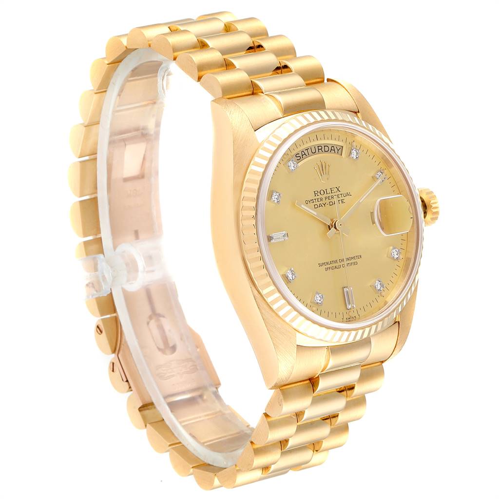 The Rolex President 18038 Men's Yellow Gold Champagne Dial 18038 Men's Yellow Gold Champagne Dial model is shown at a slight side angle, showcasing its bracelet, bezel, dial, and crown.