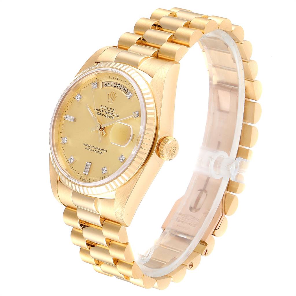 The Rolex President 18038 Men's Yellow Gold Champagne Dial 18038 Men's Yellow Gold Champagne Dial model watch is shown at a three-quarter angle, displaying the face, crown, and full bracelet.