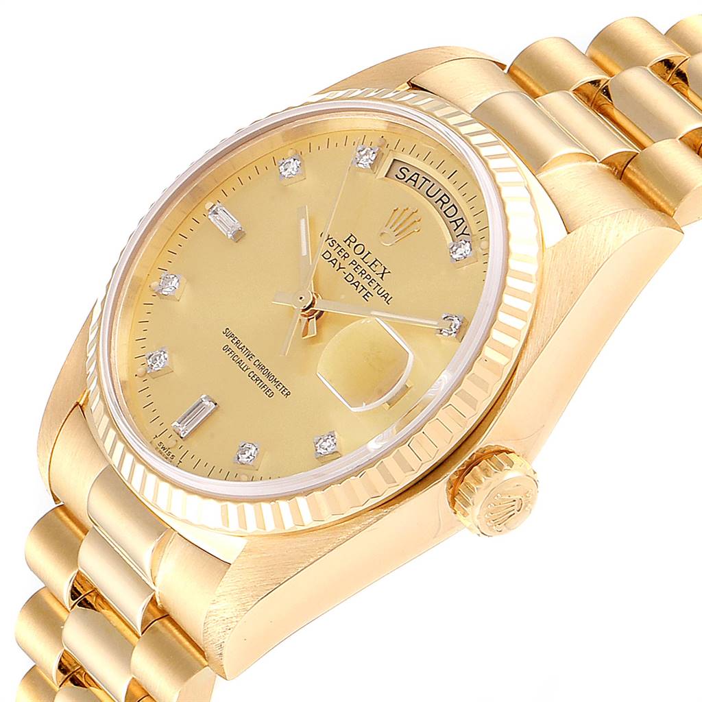 The image shows a side view of a Rolex President 18038 Men's Yellow Gold Champagne Dial 18038 Men's Yellow Gold Champagne Dial model watch, highlighting the watch face, crown, and bracelet.