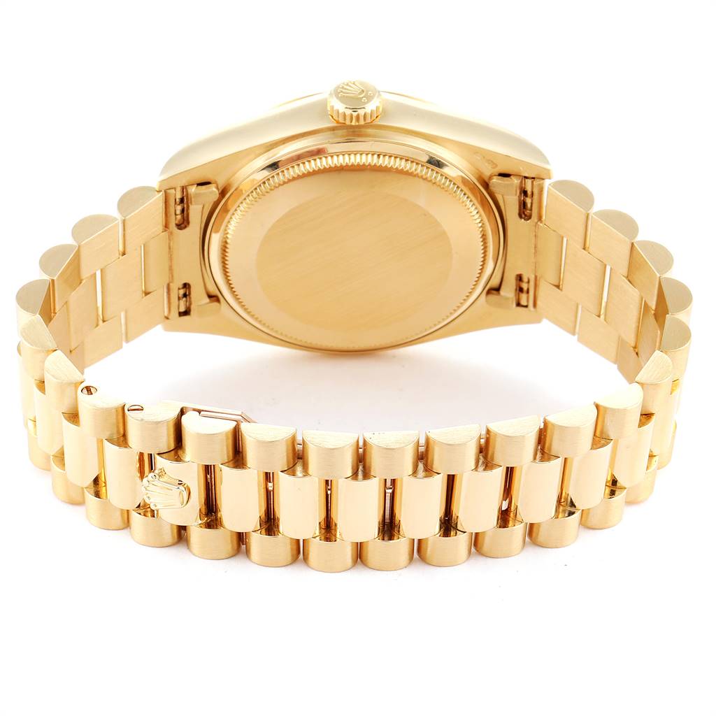 The image shows the back view of a Rolex President 18038 Men's Yellow Gold Champagne Dial 18038 Men's Yellow Gold Champagne Dial model watch, highlighting the bracelet and case back.