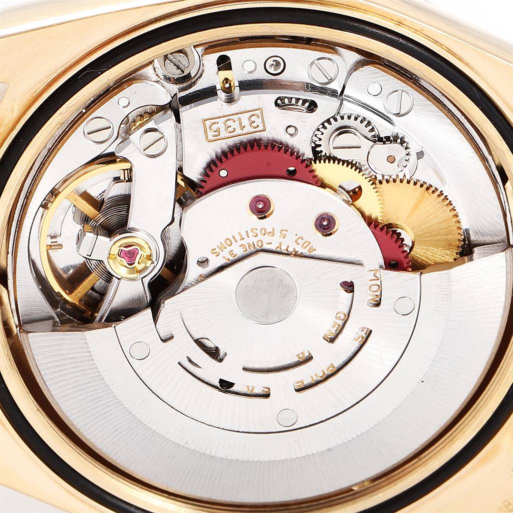 This image shows a close-up view of the movement and internal components of a Rolex President 16238 Men
s Yellow Gold Champagne Dial 16238 Men
s Yellow Gold Champagne Dial model watch.