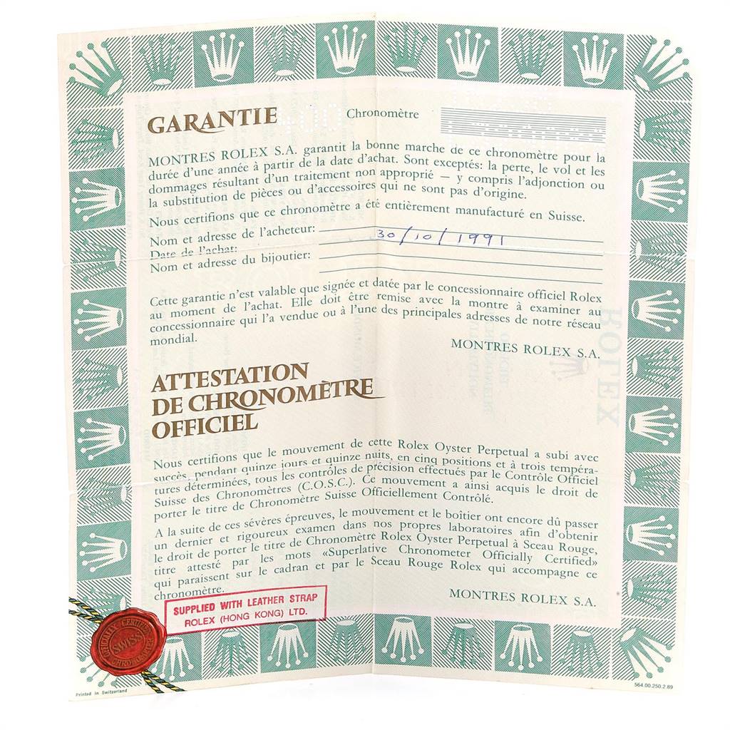 The image shows a warranty certificate for the Rolex President 16238 Men
s Yellow Gold Champagne Dial 16238 Men
s Yellow Gold Champagne Dial model watch, including guarantee and chronometer official attestation details.