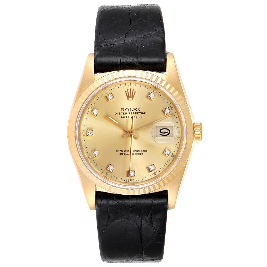 The image shows a front view of a Rolex President 16238 Men
s Yellow Gold Champagne Dial 16238 Men
s Yellow Gold Champagne Dial model watch with a gold case, diamond markers, date display, and black leather strap.