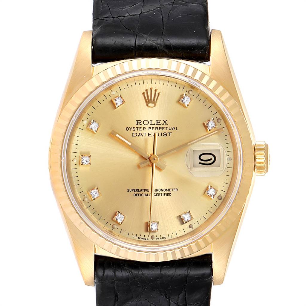 The image shows a front view of a Rolex President 16238 Men
s Yellow Gold Champagne Dial 16238 Men
s Yellow Gold Champagne Dial model watch, highlighting its gold dial, date display, and black leather strap.