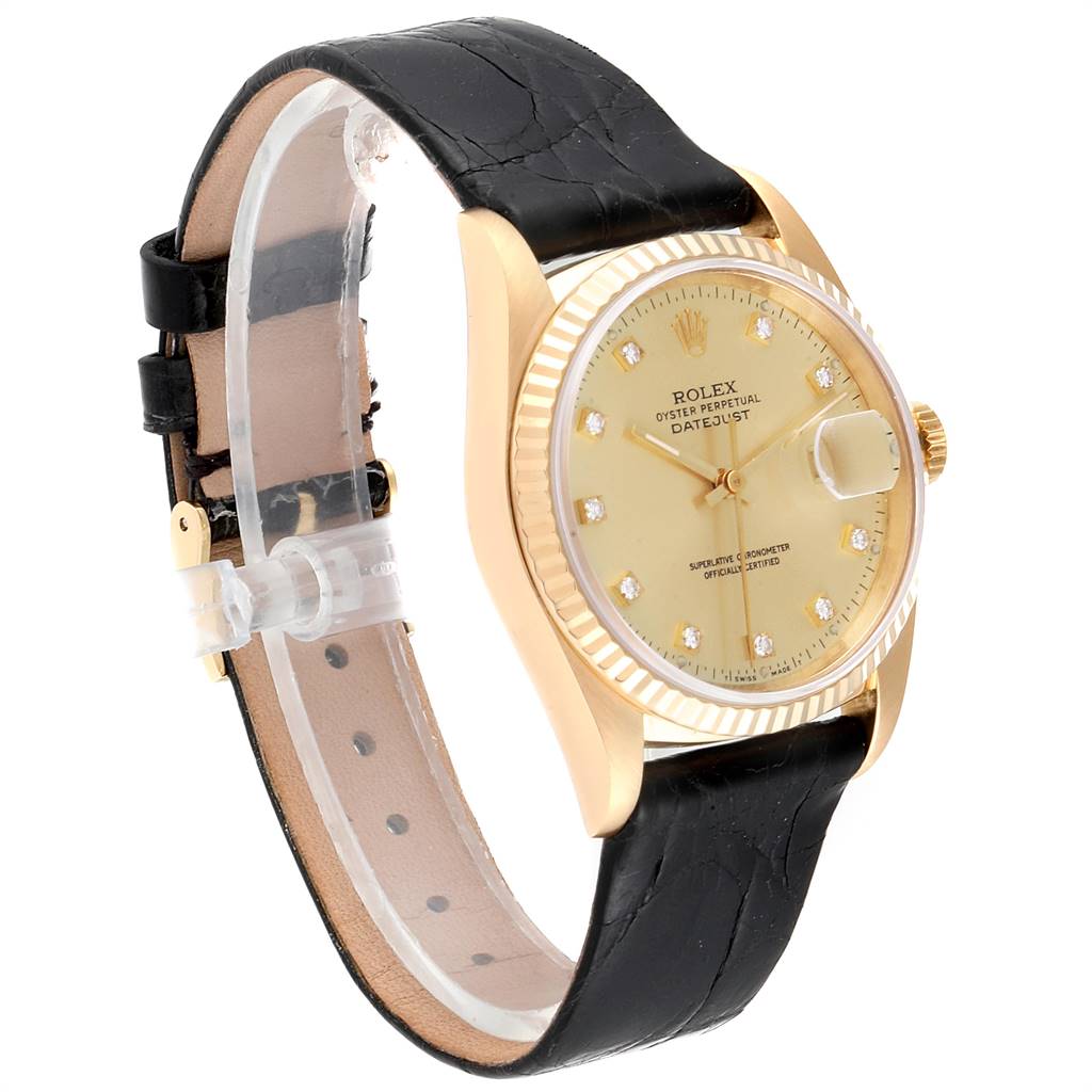 The image shows a Rolex President 16238 Men
s Yellow Gold Champagne Dial 16238 Men
s Yellow Gold Champagne Dial model watch at a slight angle highlighting its gold case, fluted bezel, leather strap, and dial details.