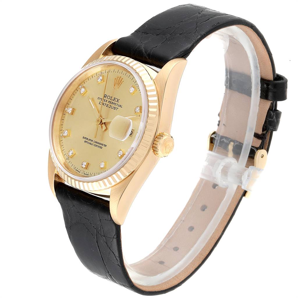 This image shows a side view of a Rolex President 16238 Men
s Yellow Gold Champagne Dial 16238 Men
s Yellow Gold Champagne Dial model watch, displaying its face, bezel, and black leather strap.