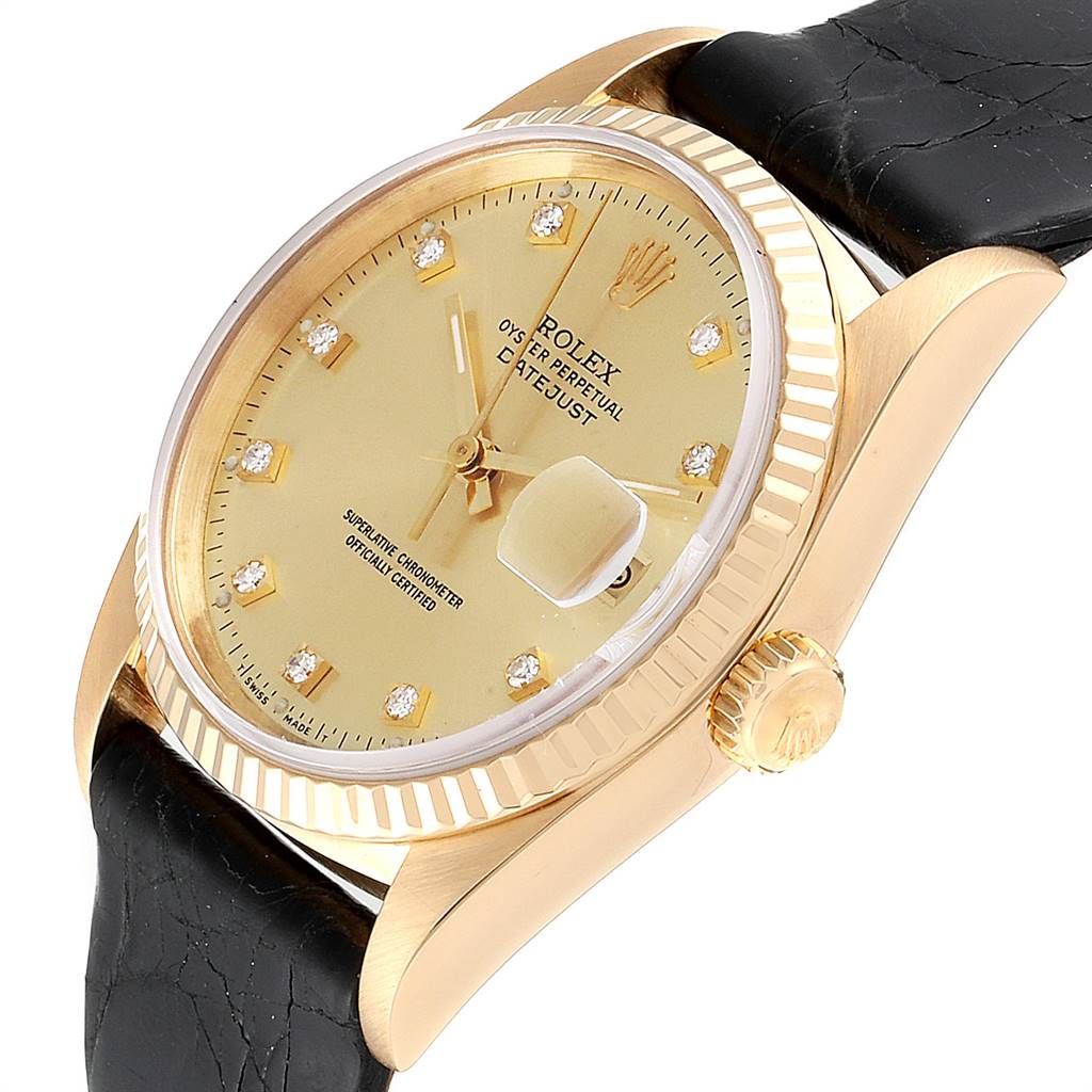 This image shows a close-up angled view of a Rolex President 16238 Men
s Yellow Gold Champagne Dial 16238 Men
s Yellow Gold Champagne Dial model watch, highlighting the dial, crown, and part of the strap.