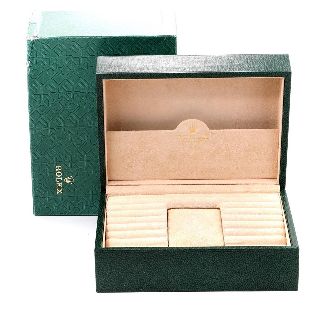 The image shows a Rolex President 18238 Men
s Yellow Gold Black Dial 18238 Men
s Yellow Gold Black Dial model watch box and its outer packaging, taken from the front.