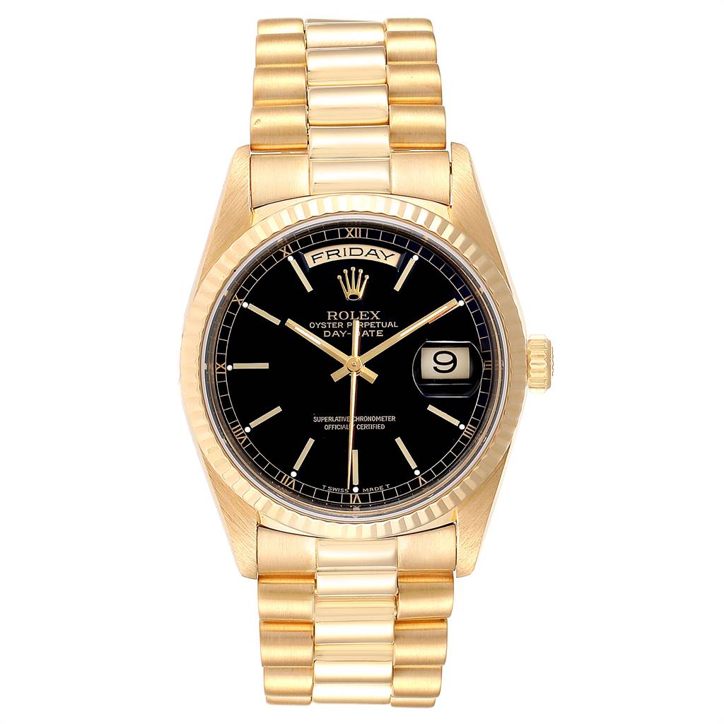 This is a Rolex President 18238 Men
s Yellow Gold Black Dial 18238 Men
s Yellow Gold Black Dial model watch shown from a top-down angle, displaying its face, bracelet, and crown.