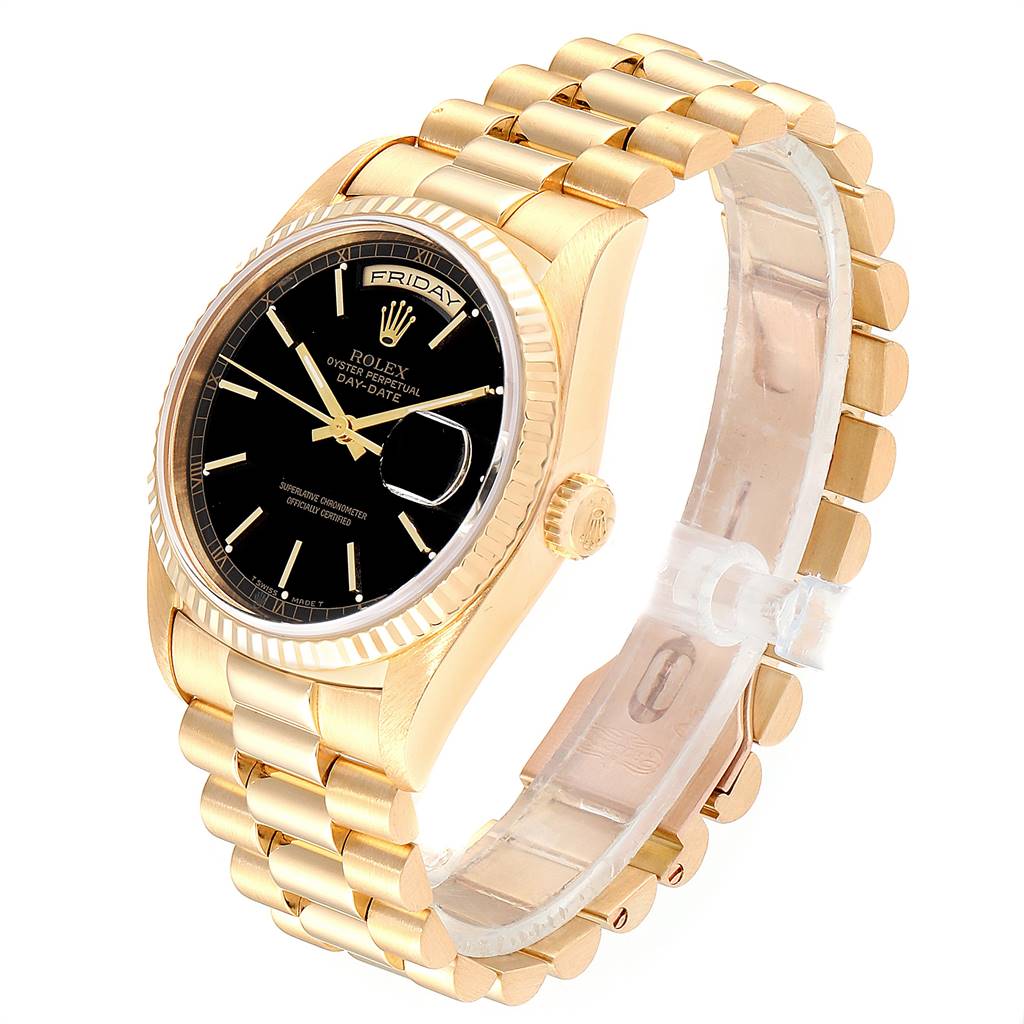 This image shows a Rolex President 18238 Men
s Yellow Gold Black Dial 18238 Men
s Yellow Gold Black Dial model watch at a three-quarter angle, displaying its black dial, gold case, and bracelet.