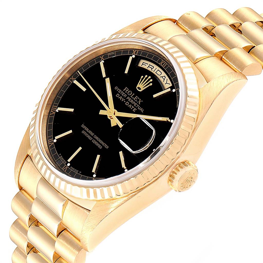 The image shows a side-angle view of the Rolex President 18238 Men
s Yellow Gold Black Dial 18238 Men
s Yellow Gold Black Dial model, displaying the face, bezel, crown, and part of the bracelet.