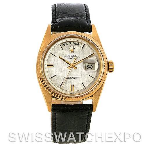 The image shows a front view of a Rolex President 1803 Men's Yellow Gold Silver Dial 1803 Men's Yellow Gold Silver Dial watch, highlighting its dial, hands, date window, bezel, and leather strap.