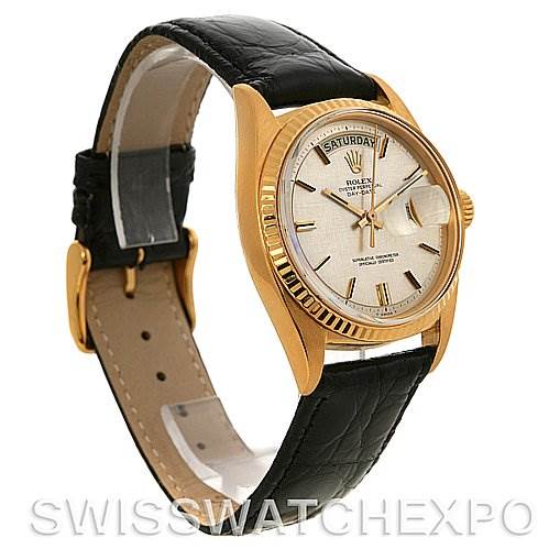 This image shows a side and front angle of a Rolex President 1803 Men's Yellow Gold Silver Dial 1803 Men's Yellow Gold Silver Dial model watch with a leather strap and gold casing.