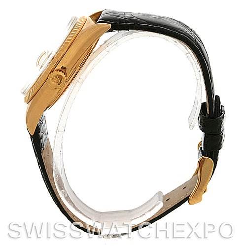 The image shows a side view of a Rolex President 1803 Men's Yellow Gold Silver Dial 1803 Men's Yellow Gold Silver Dial model watch, highlighting its gold case and black leather strap.