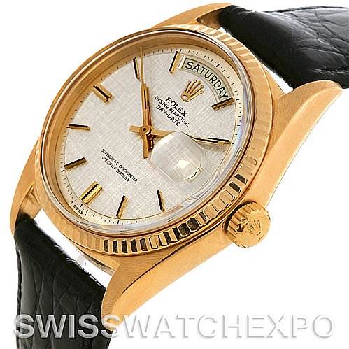 The image shows a side and face view of a Rolex President 1803 Men's Yellow Gold Silver Dial 1803 Men's Yellow Gold Silver Dial model watch, highlighting its dial, bezel, crown, and leather strap.