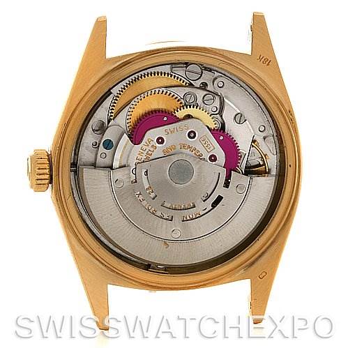 The image shows the inner mechanical movement of a Rolex President 1803 Men's Yellow Gold Silver Dial 1803 Men's Yellow Gold Silver Dial model watch from a back angle.